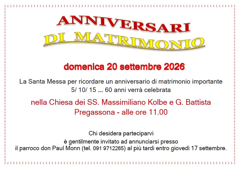 Anniversari matrimonio 2026